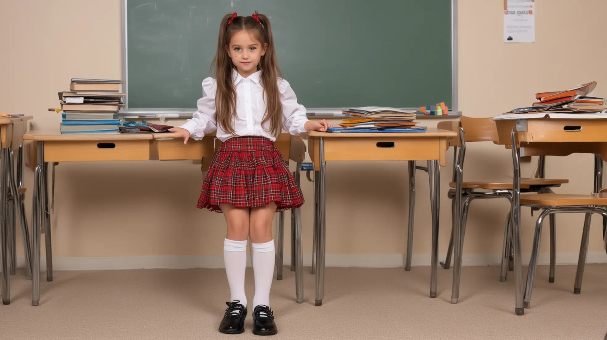 Cute-Elementary-School-Girl-in-Red-Plaid-Uniform