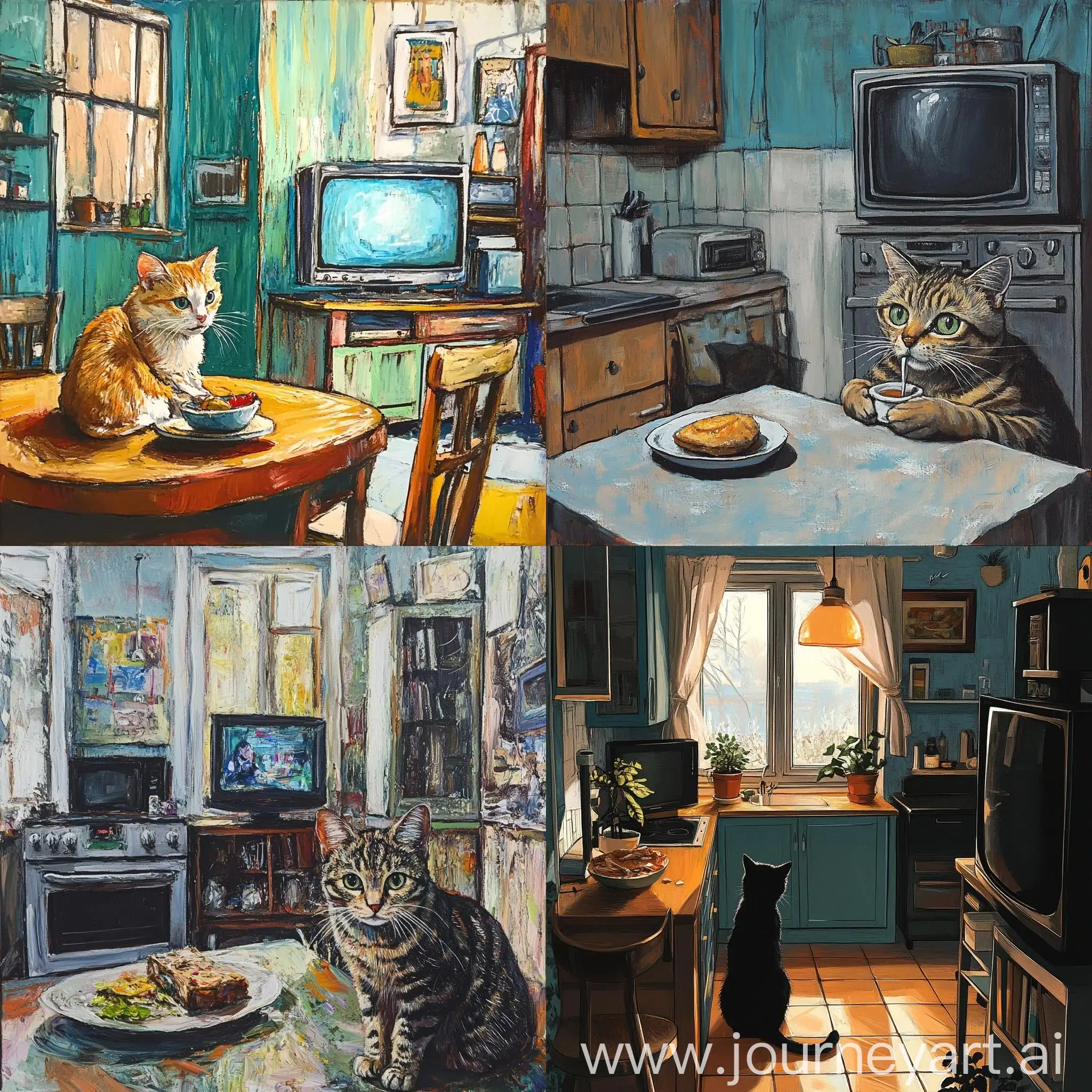 Domestic-Cats-Kitchen-Feasting-and-Living-Room-TV-Watching