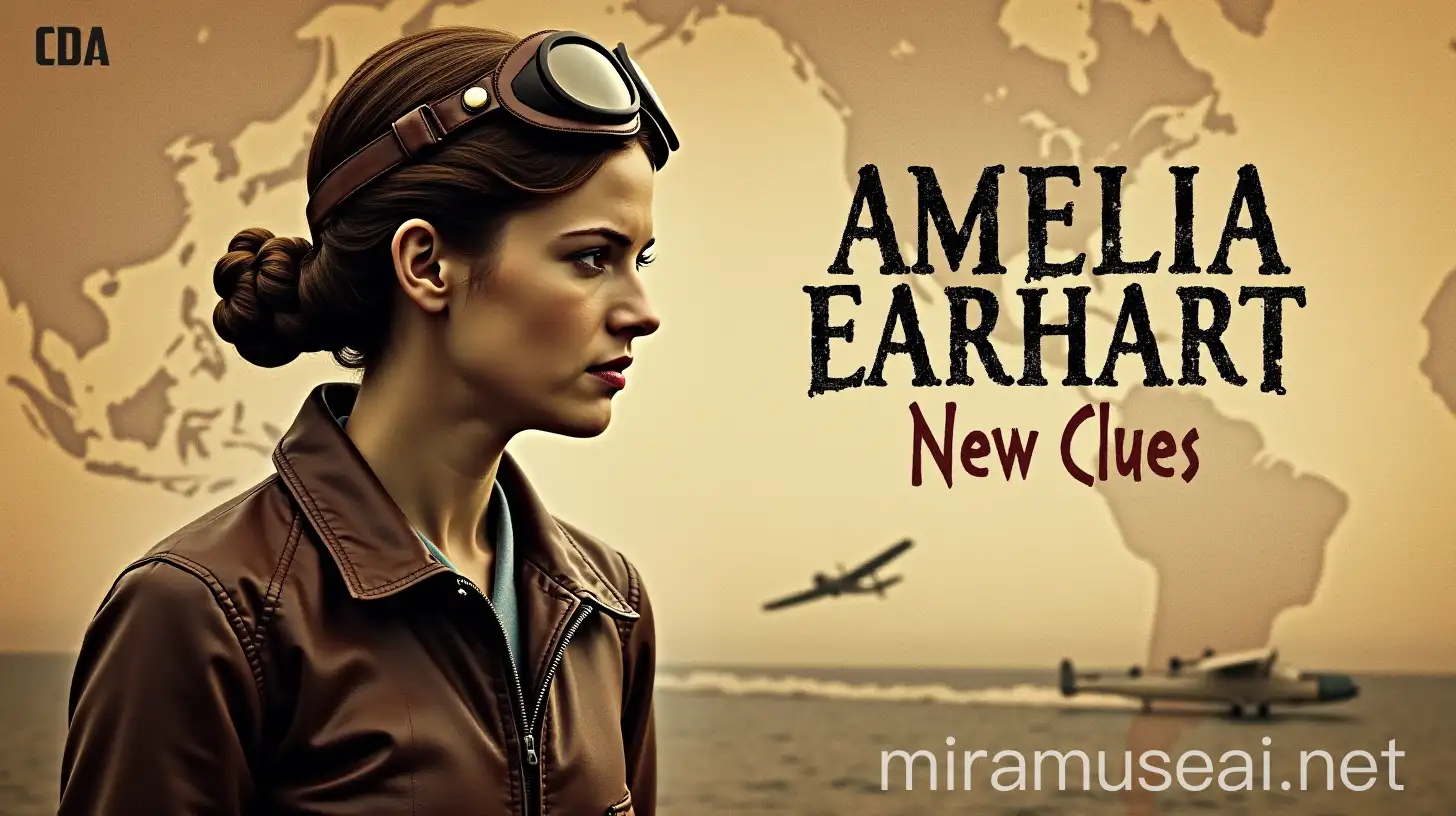 Amelia Earhart Vintage Aviator Over Pacific Map