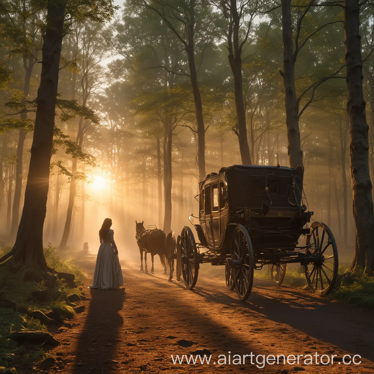 Sunrise-in-Forest-with-Woman-Jennifer-in-Carriage