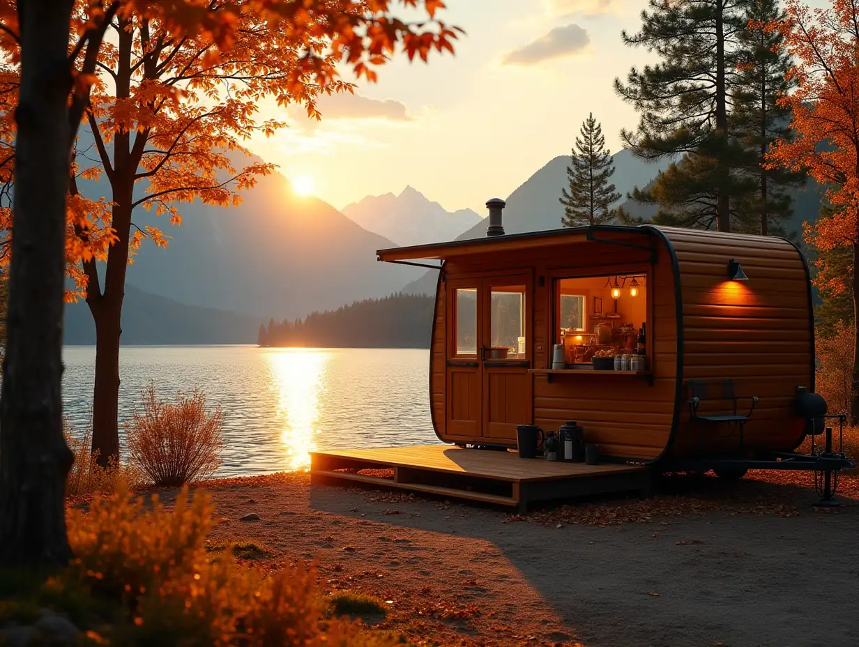 Autumn-Sunset-by-a-Tranquil-Lake-with-Wooden-Coffee-Shop