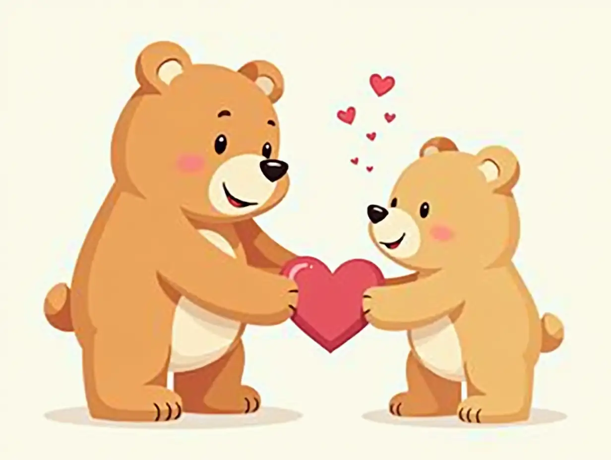 A happy bear giving a heart as a gift to another bear. Outlined