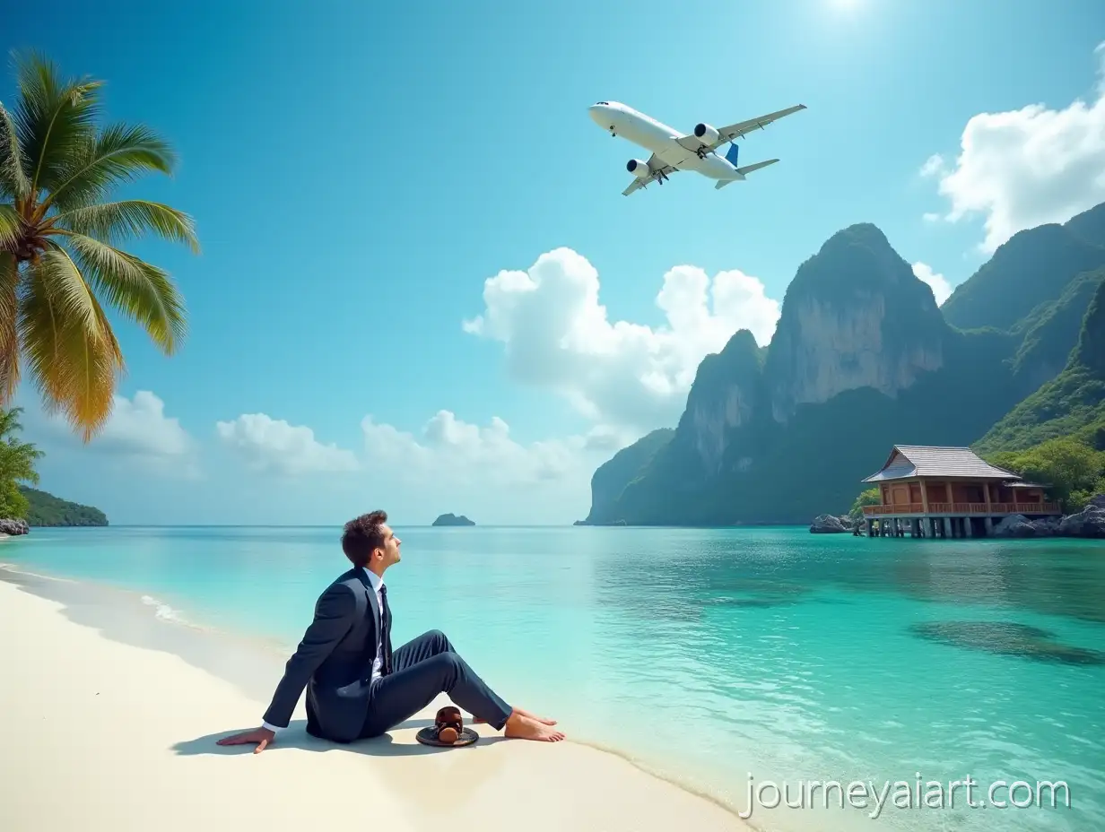 Businessman-Daydreaming-onBusinessman-dreaming-on-beach-Maldives-Beach-with-Tropical-Landscape-and-SnowCapped-Mountains