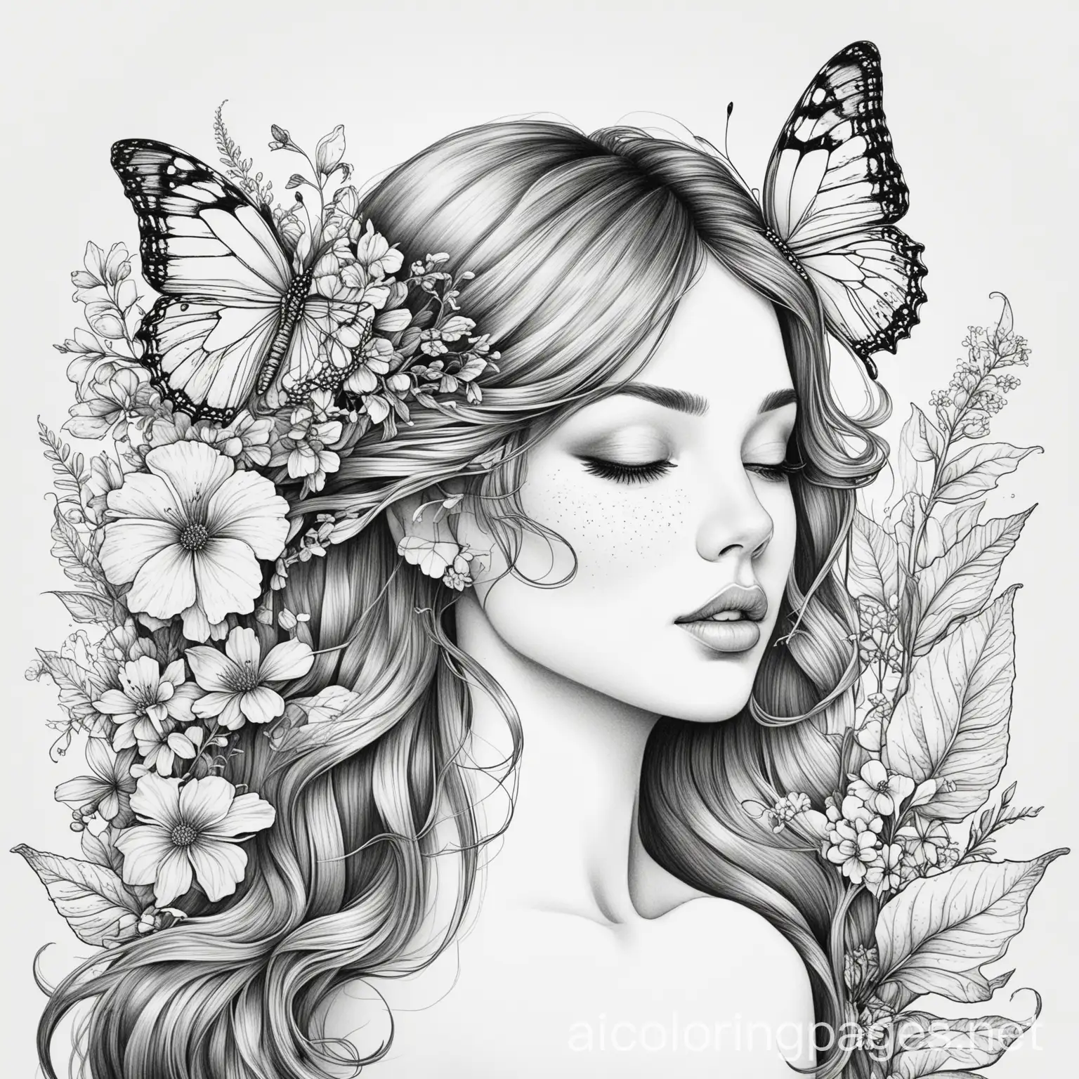 Black and white line art drawing of lady with flowers around her hair and butterfly, Coloring Page, black and white, line art, white background, Simplicity, Ample White Space. The background of the coloring page is plain white to make it easy for young children to color within the lines. The outlines of all the subjects are easy to distinguish, making it simple for kids to color without too much difficulty