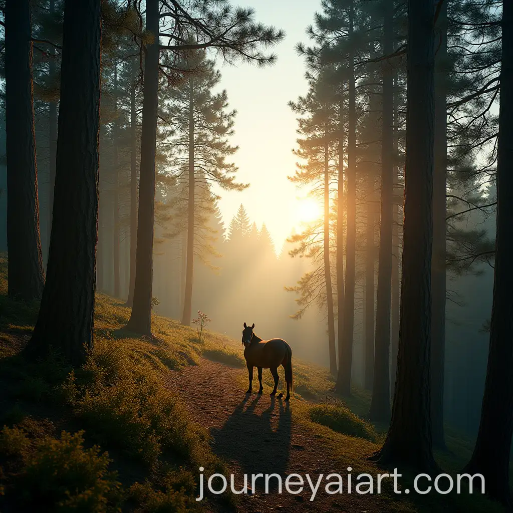 Bay-Horse-in-Pine-Tree-Forest-Under-Beautiful-Sky