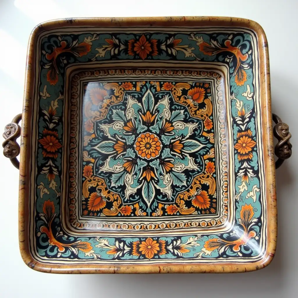 Square with rounded corners ceramic serving dish with embossed beautiful handle, antique and old, Qajar art, Iranian Tabriz carpet design