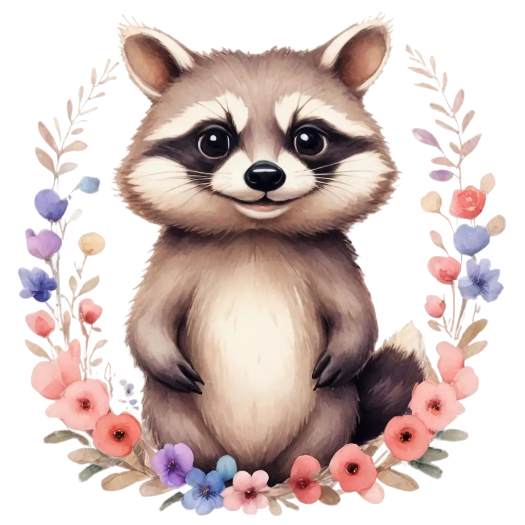 A whimsical, cute watercolor-style raccoon with a round, playful body and an adorable, mischievous expression. The raccoon is surrounded by pastel-colored flowers, including roses, daisies, and wildflowers in soft pinks, purples, and blues, which form a heart-shaped background behind it. The overall style is playful and cartoonish, with light watercolor brushstrokes giving a soft and dreamy effect. The background is transparent for use as a PNG file, keeping the focus on the raccoon and heart-shaped floral arrangement.