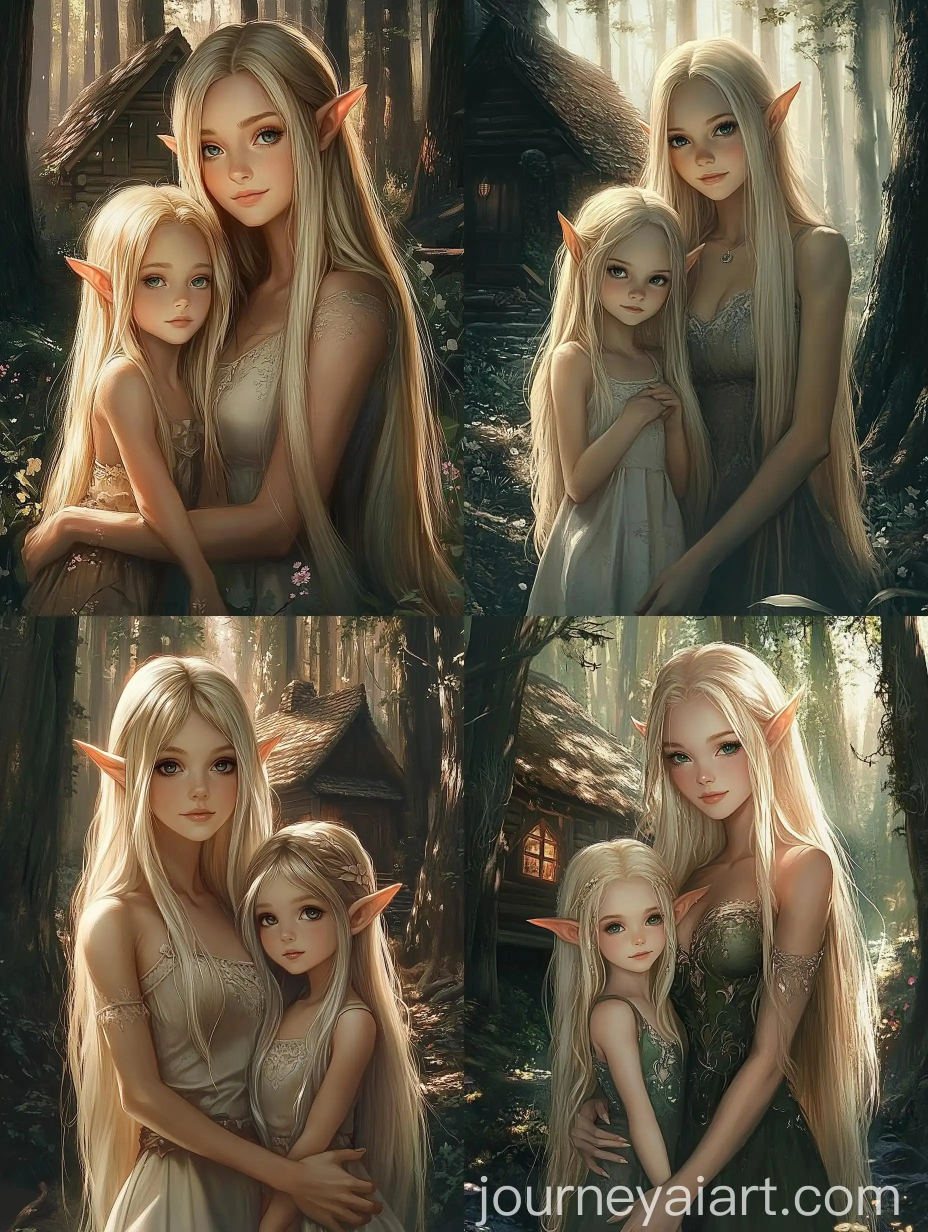 Elf-Woman-and-Daughter-in-Forest-Cabin-Setting