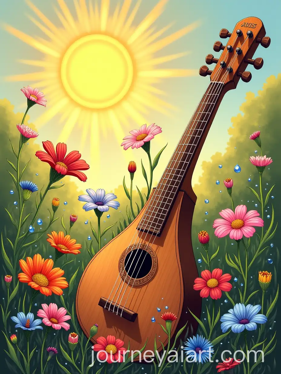 Sitar-Surrounded-by-Blooming-Wildflowers-in-a-Sunlit-Garden