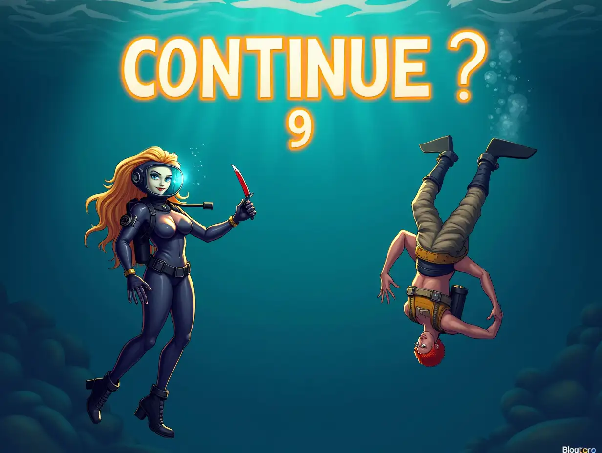 A dramatic 2D side-scrolling underwater arcade game scene. At the center of the screen, glowing arcade-style letters say “CONTINUE?”, and below it, a large countdown number shows “9”. On the left, a sexy, curvy and slim female underwater combat diver floats mid-water, not touching the ocean floor. Her body is tall, sleek, and confident. She wears a tight glossy dark grey diving suit, long black swim fins, tactical gloves, a compact oxygen tank, and a helmet with a transparent light-blue visor. Her long blonde hair floats gently inside the helmet. She twirls a small bloodied knife in one hand while smirking at the viewer. On the right, a male diver floats upside down, limp and defeated. He wears a sleeveless yellow vest, light brown pants, and dark boots. His short orange hair drifts slightly downward. His arms hang toward the sea floor and his knees are slightly bent — a classic arcade-style death pose, suspended in water. The scene conveys a sense of victory or dominance in combat.