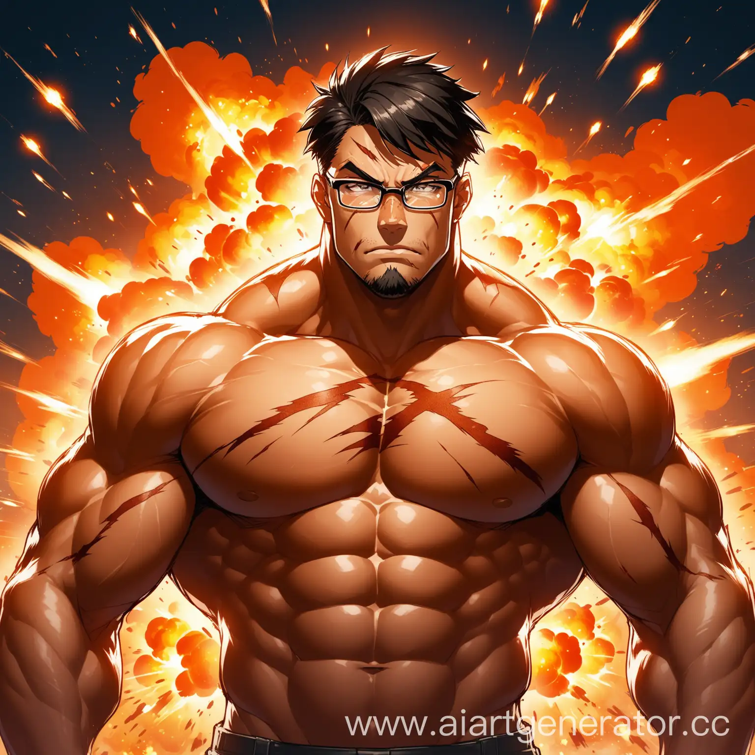 Muscular-Man-with-Glasses-and-Scarred-Lip-in-Explosive-Portrait