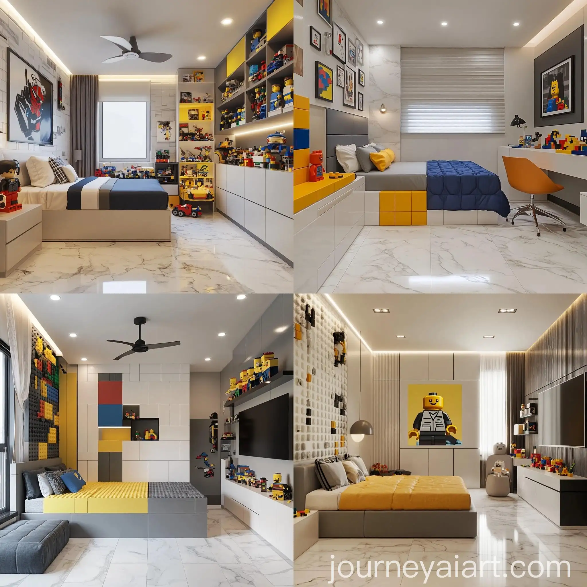 Lego-Themed-Teenage-Boys-Room-with-Neutral-Colors-and-White-Marble-Flooring