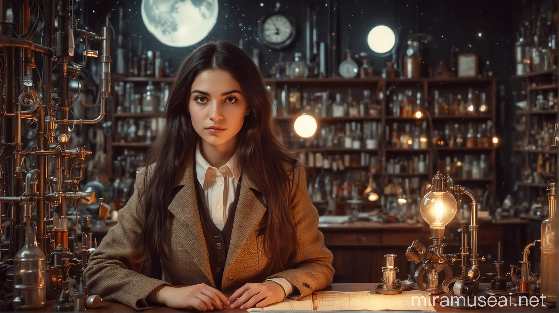 Steampunk Armenian Female Scientist in 1970sInspired Laboratory