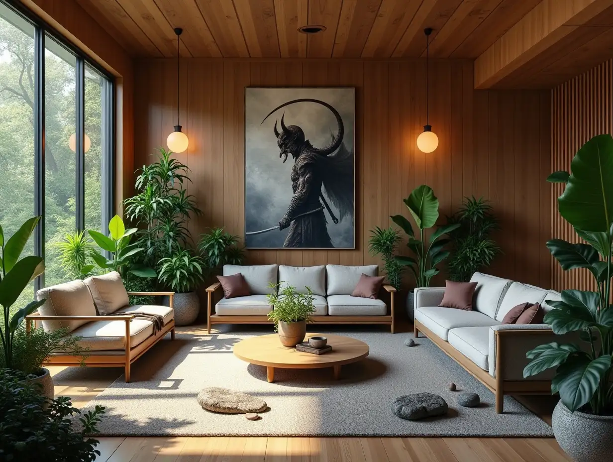 Large modern living room lighting with furniture very many plants with DEMON SLAYER IMAGE on the wall Zen garden with carefully tended rocks, a meditative 180 degree shot 8K resolution