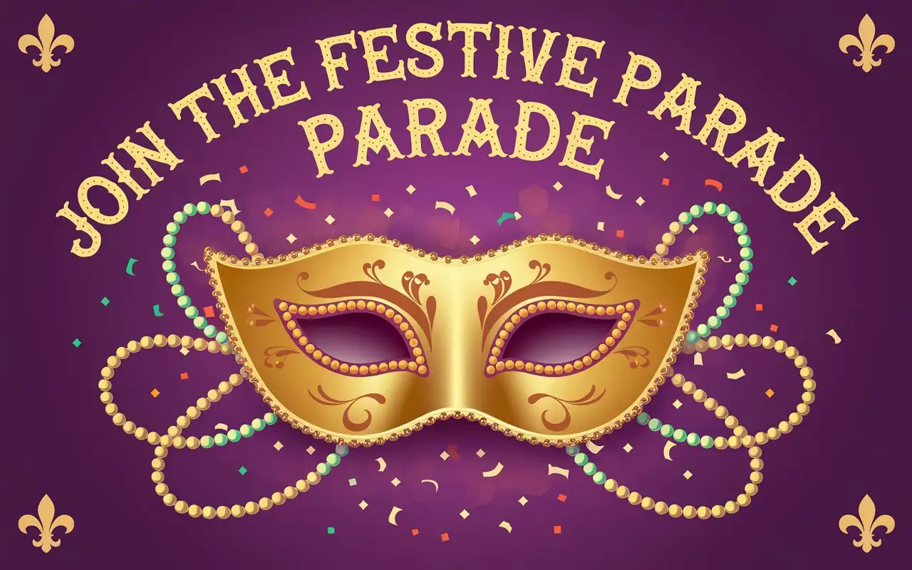 A colorful design featuring a golden mask surrounded by beads and confetti on a rich purple background. The text Join the Festive Parade in bold, decorative font is placed at the top, with subtle fleur-de-lis patterns in the corners.