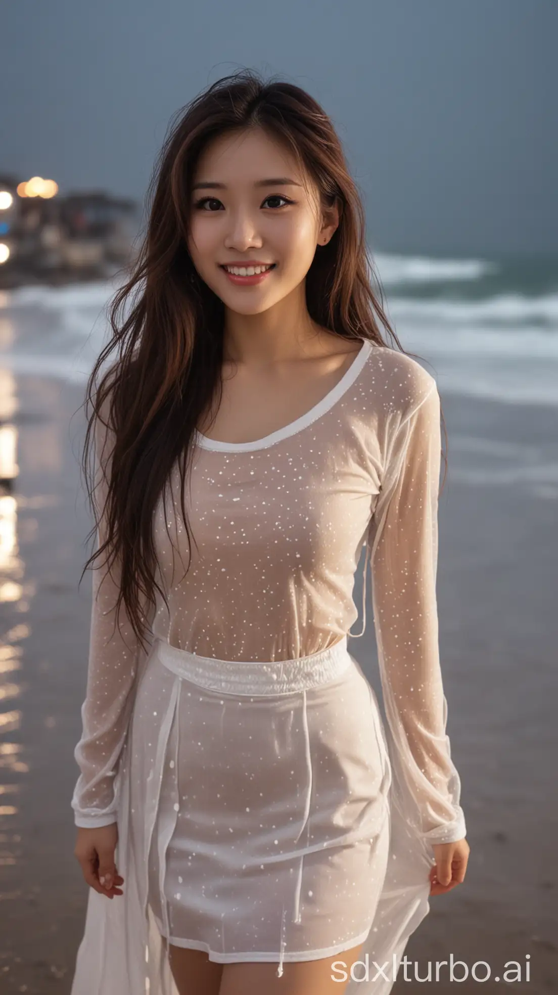 Chinese-Woman-in-Wet-White-Outfit-on-Rainy-Beach-at-Night