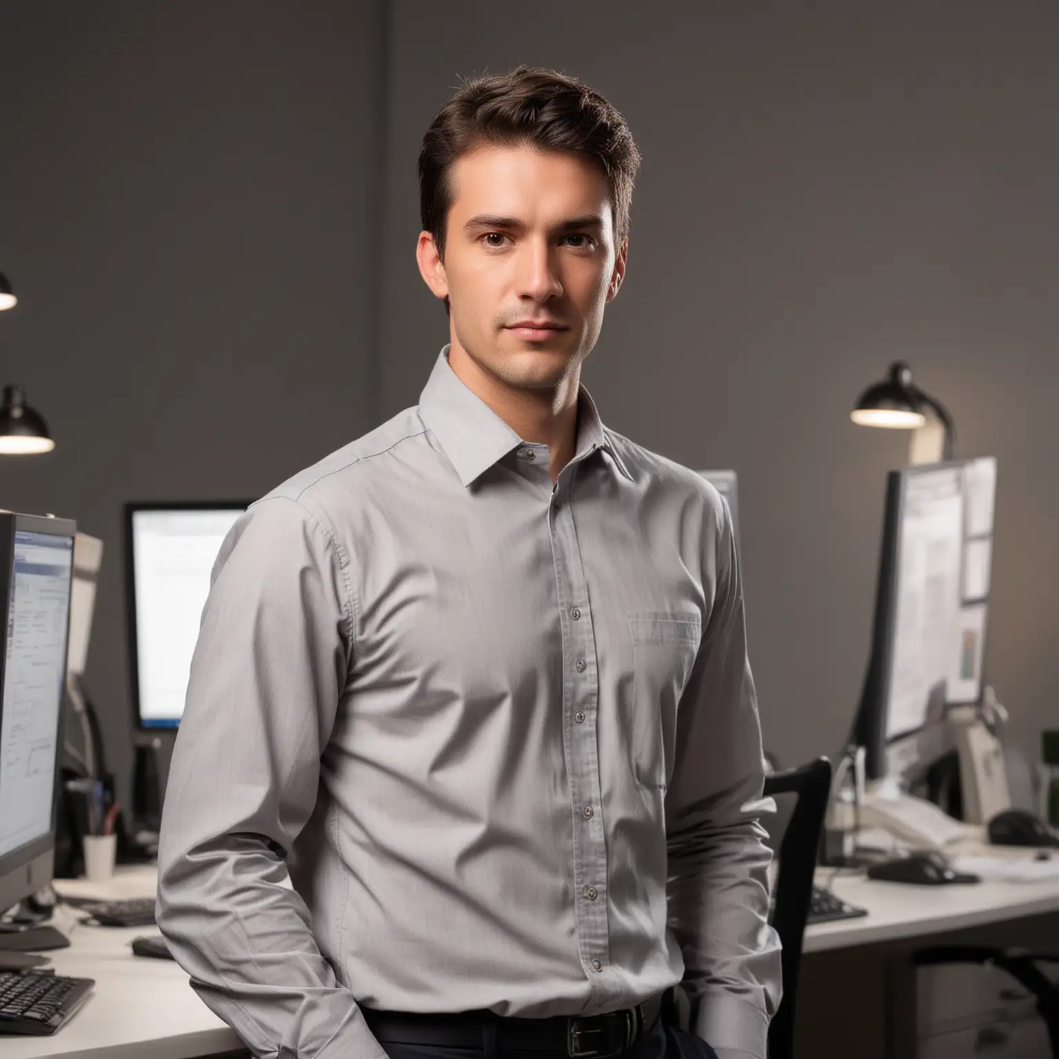 Evening-Office-Hero-Male-Professional-in-Casual-Attire-Amidst-Quiet-Workstations