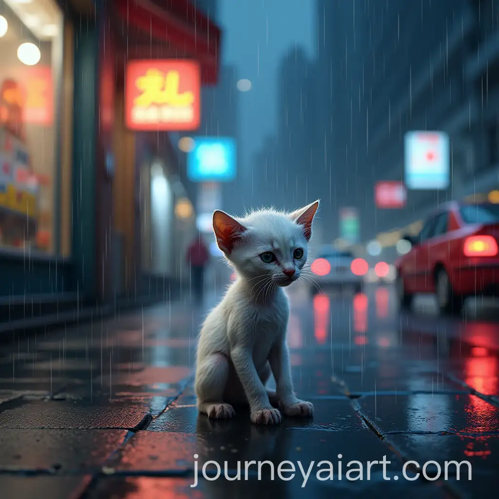 Lonely-Stray-Kitten-on-Wet-Pavement-Outside-a-Pet-Shop-in-Rainy-City-Night