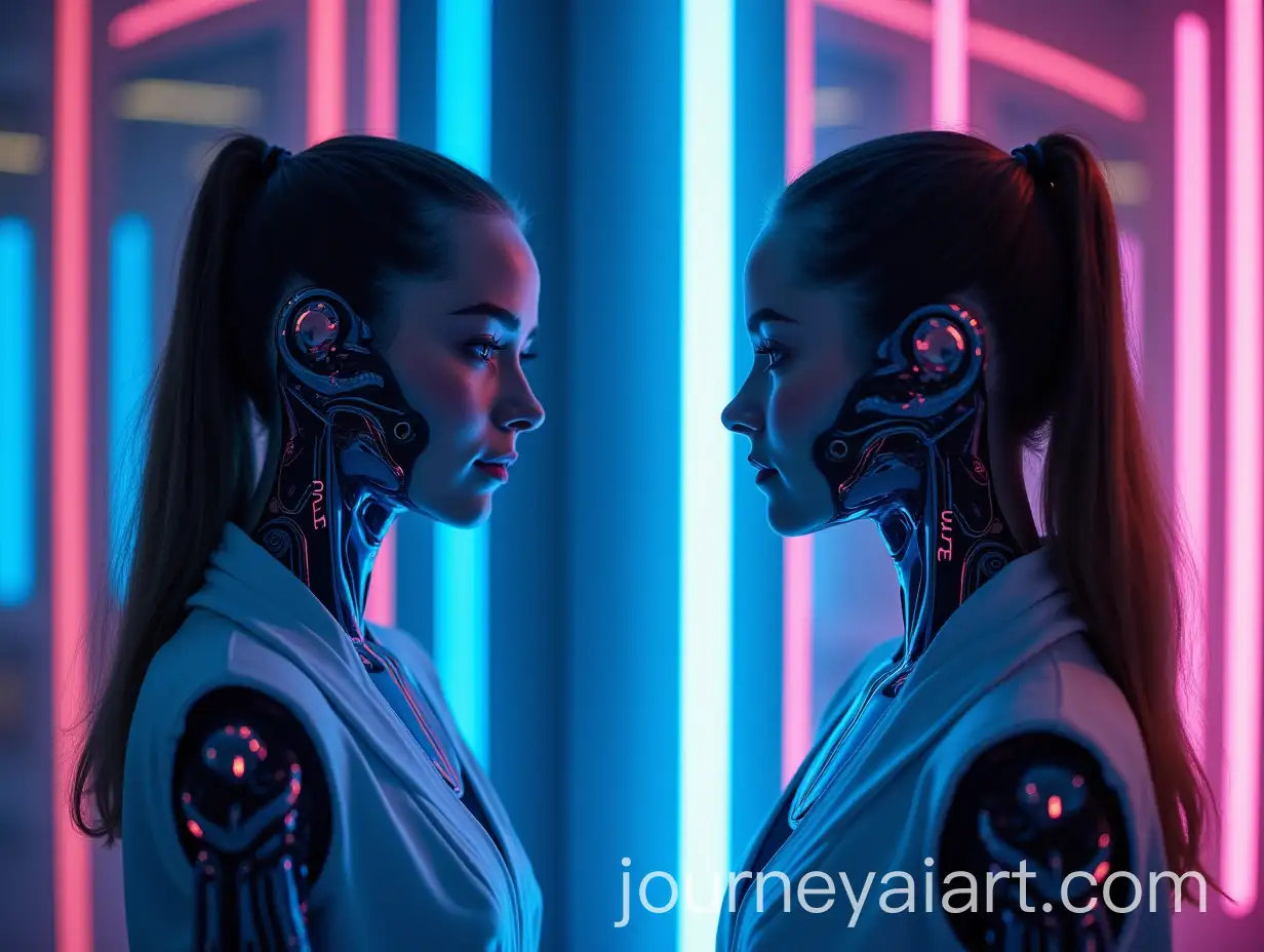 Girl-Sees-Robotic-Reflection-in-Futuristic-Neonlit-Mirror