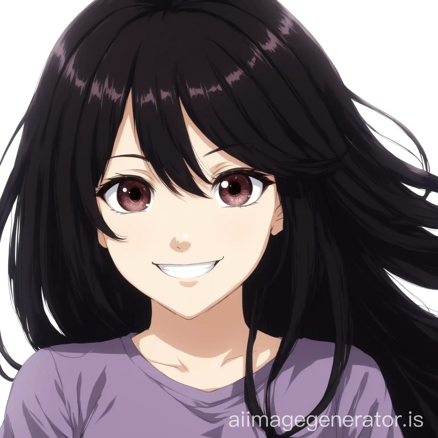 an image of me as an anime woman with dark brown eyes, long black hair, a purple shirt, smiling and a white background