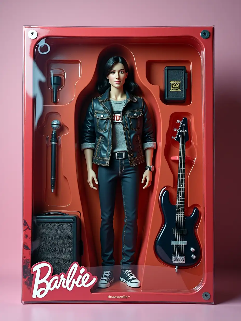 Create a photo-realistic figure of a human on a photo. The figure should be in full size and fit into a transparent plastic box with a colorful cardboard background, like real collectible toys. Make the packaging as realistic as possible - shiny plastic, compartments for items and a design in the style of a toy store.nnWrite the brand [musician] on the box. The packaging will have an atmosphere: [music and punk rock].nnPlace accessories next to the figure: [microphone, electric guitar, bass guitar, combo amplifier].nnMake the figure in the style of [Barbie].