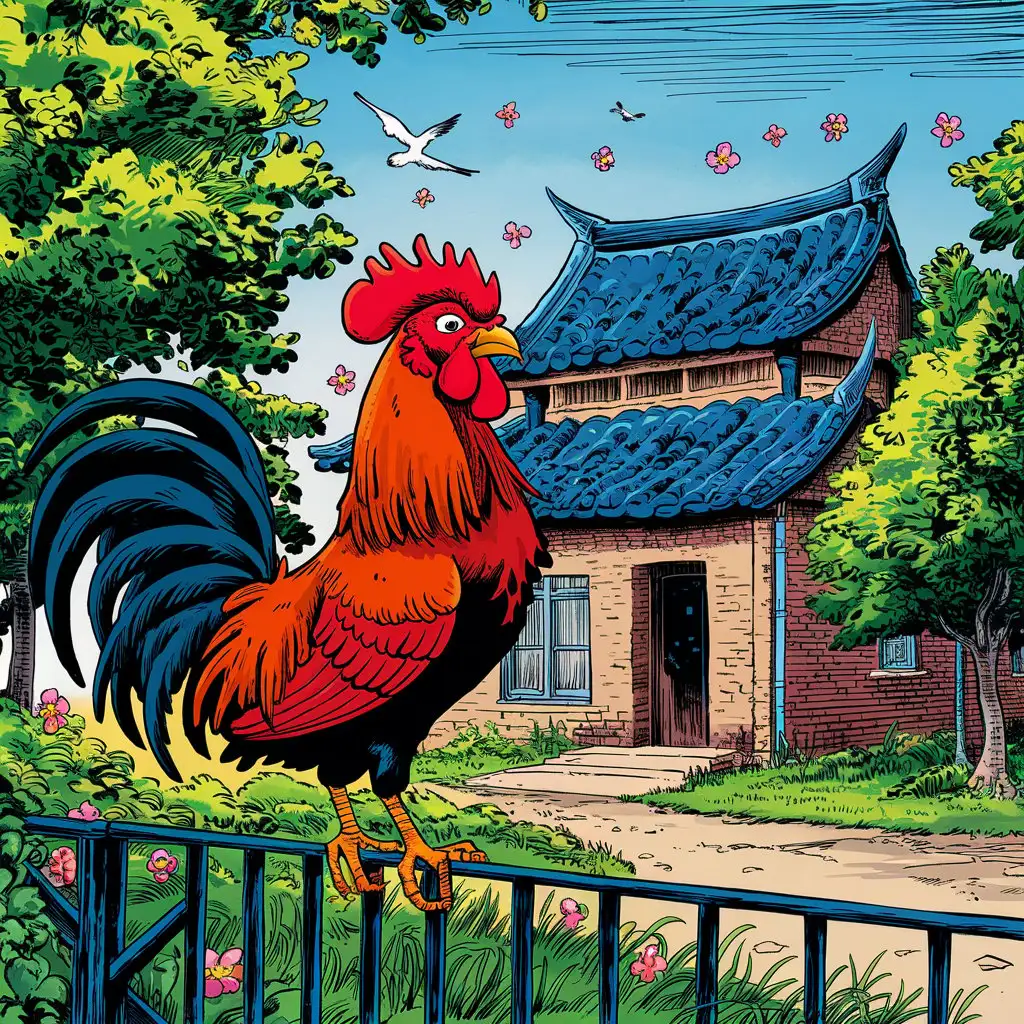 A red rooster is standing on a fence, with grey tiled houses, green trees, blue sky, little birds, little flowers, cartoon