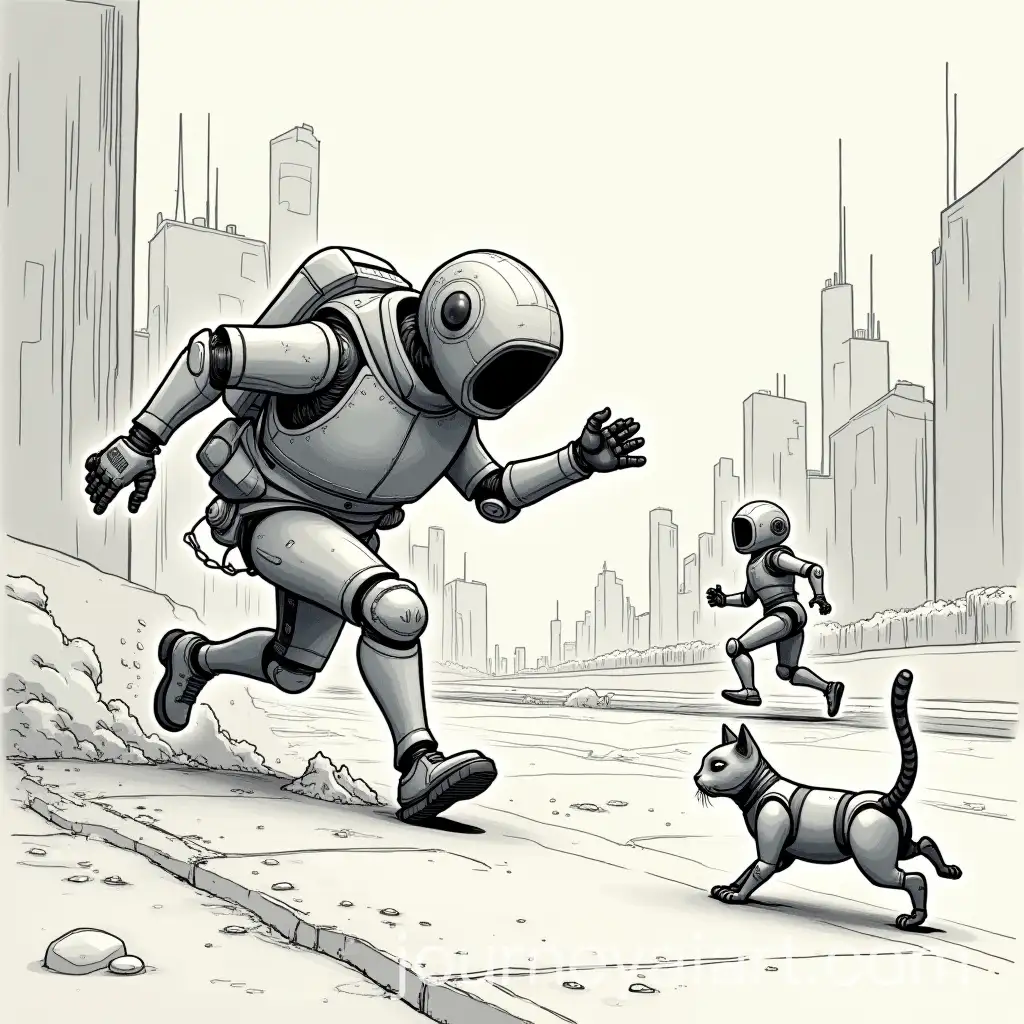 Thief-Escaping-with-Robot-Parts-in-Futuristic-City-Robotic-Cat-Watching