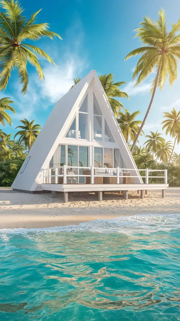 Bright-White-AFrame-House-on-Sandy-Beach-with-Turquoise-Ocean-and-Palm-Trees