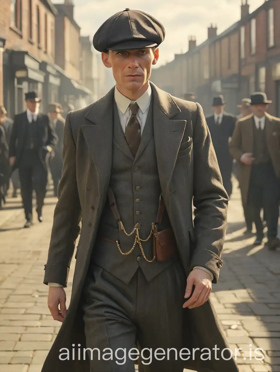 Person walking in Peaky Blinders style on a sunny day