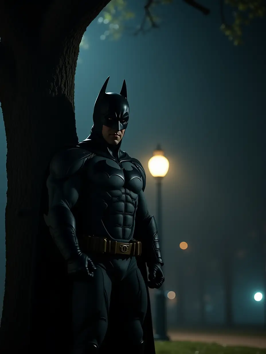 Batman with his modern costume leaning against a tree in a park at night dimly lit by a street lamp, the scene of the character as a whole and from the front in low angle with breathtaking details like a realistic photograph of high precision, high definition, very detailed.