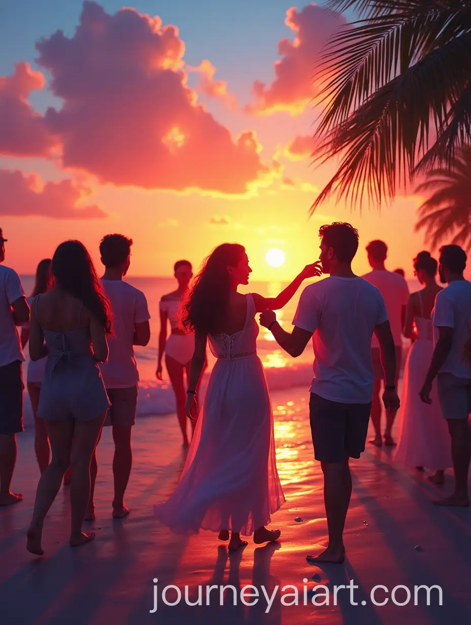 Vibrant-Beach-Party-at-Sunset-with-Couples-Dancing