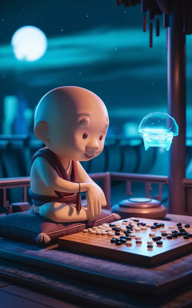 an unreal engine 3d render of chinese monk playing Go(a kind of chess), cartoon, mini, comfy blue lighting, vaporwave, vaporwave aesthetic, zen asthetic, 3d icon, moon, sci fi artifact