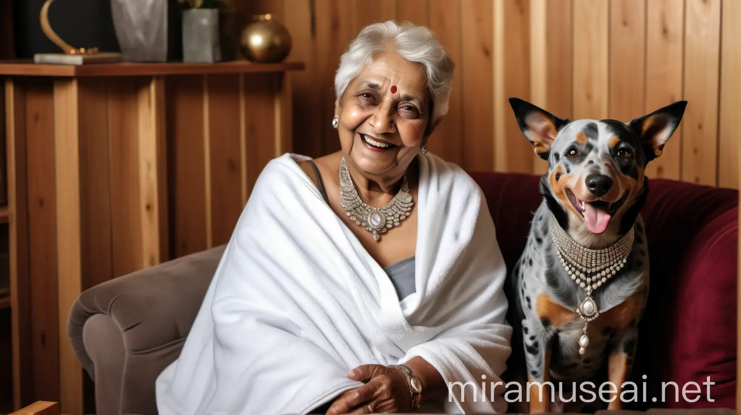 Happy 85YearOld Indian Woman with Australian Cattle Dog in Maple Wood Building