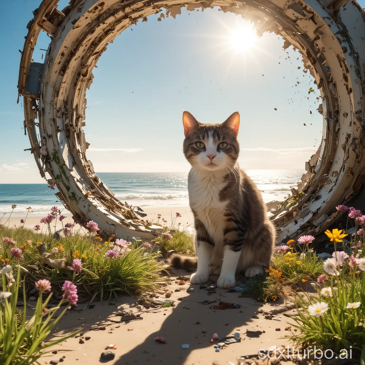 A cat, a severely damaged spaceship destroyed, a beautiful beach, broken windows, with grass and flowers growing around, sunny, ocean.