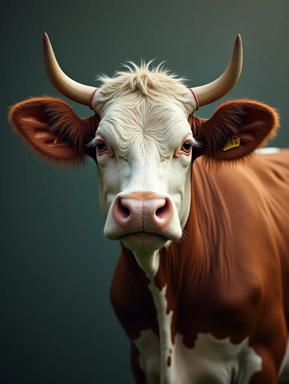 a portrait of a cow with a human, female face, fantasy