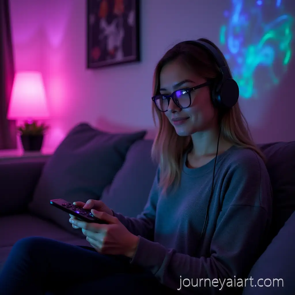 Woman-Using-Remote-Controller-at-Home-with-Colorful-LED-Music-Wall-Portrait