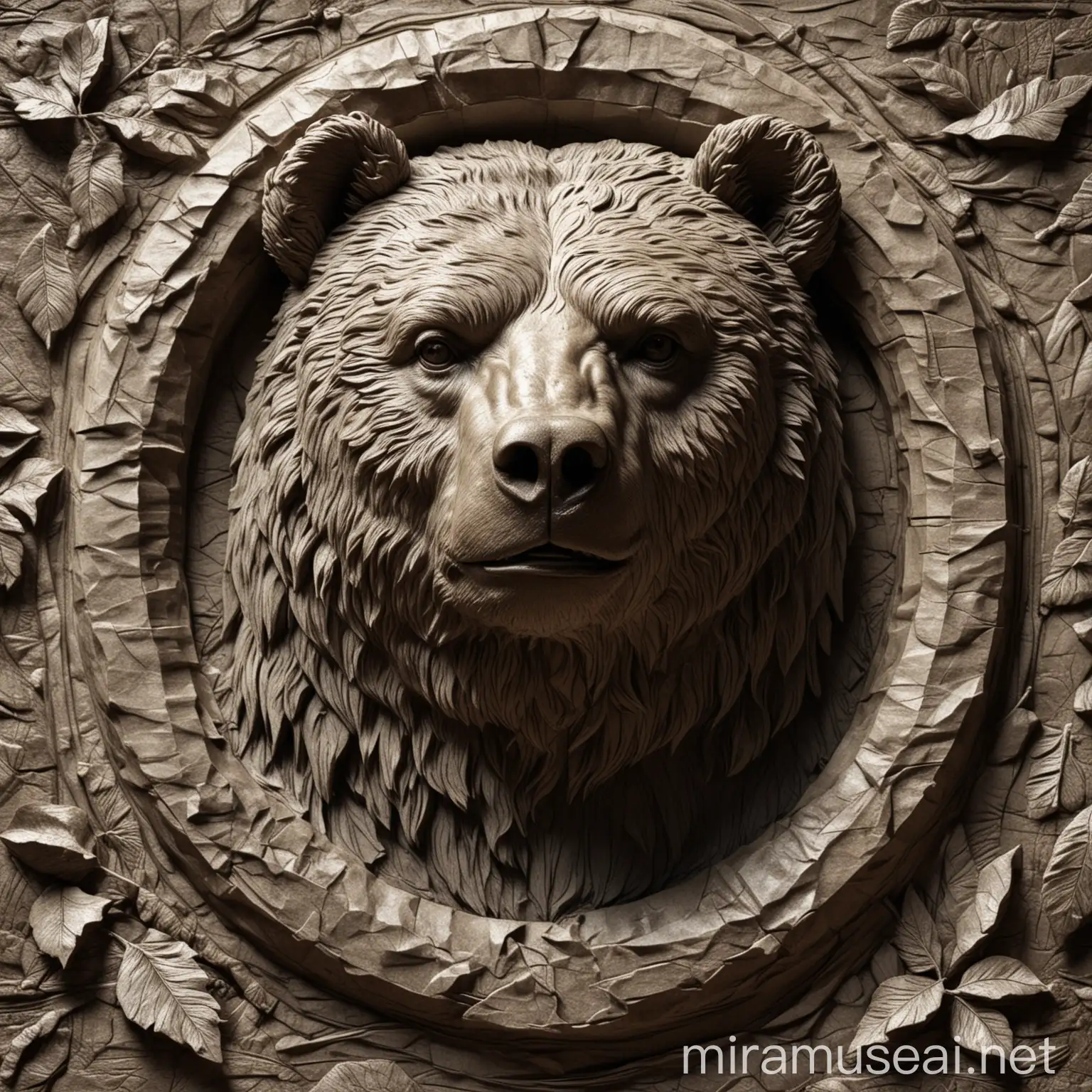 Detailed Front View Bear BasRelief Sculpture with High Contrast