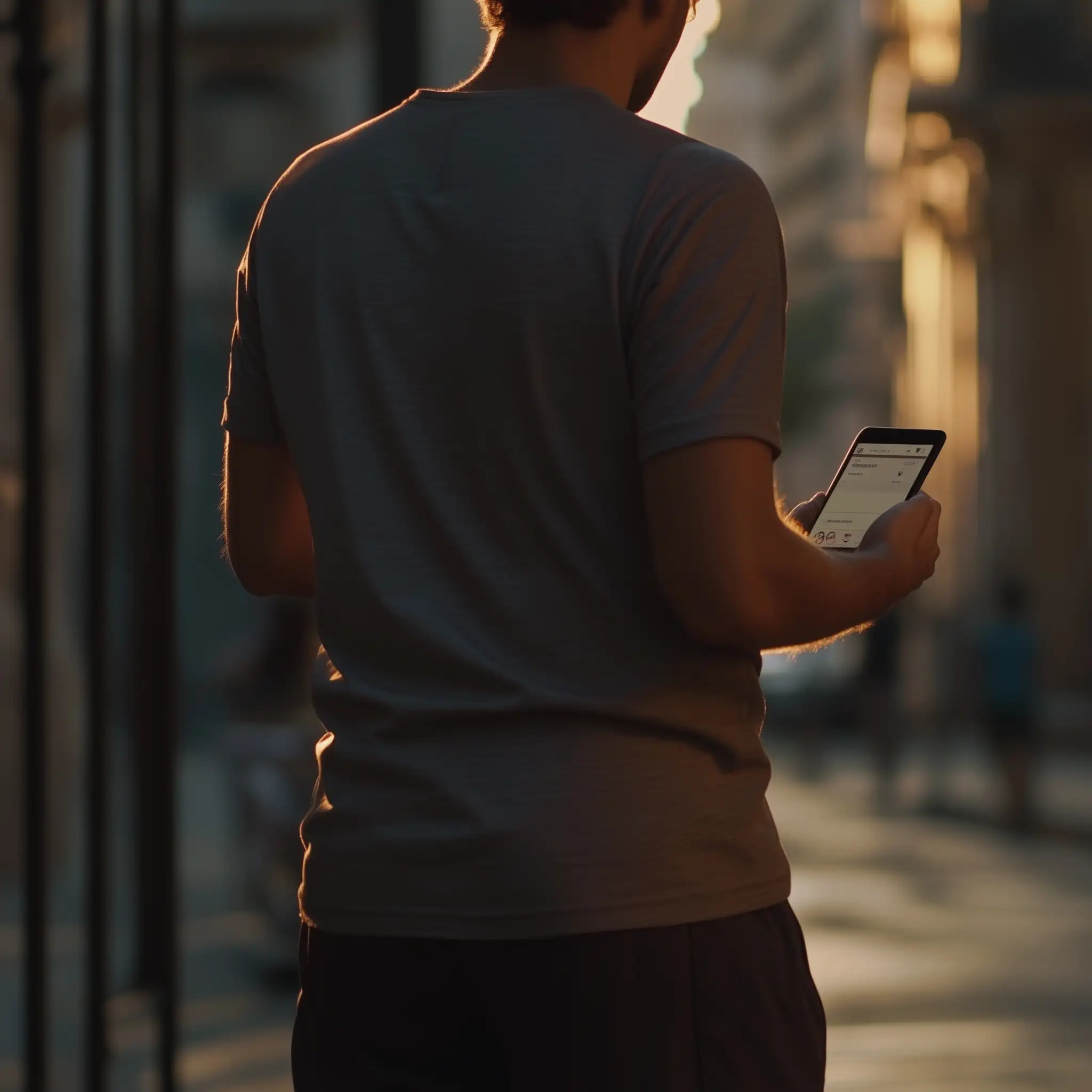 Caucasian-Man-in-Sporty-Summer-Attire-Holding-Smartphone-in-Street-Scene