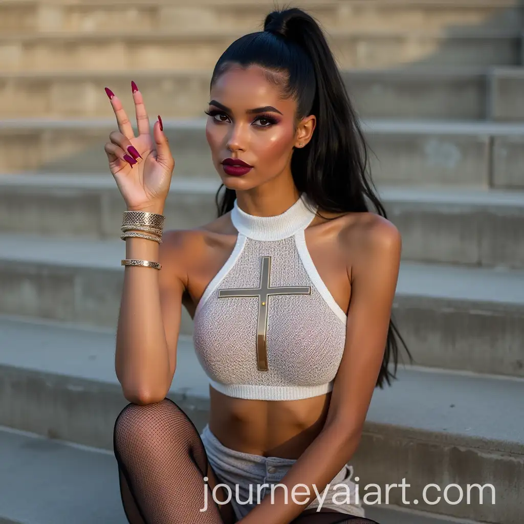 UrbanChic-Fashion-Model-with-Geometric-Mesh-Top-and-Metallic-Accents