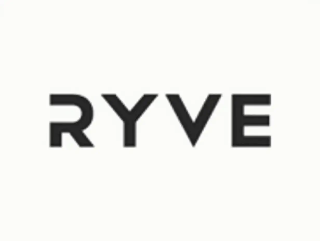 Create a RYVE brand logo in a strict minimalist style similar to the Bork logo. n- **Font**: Geometric sans-serif without serifs, close to Helvetica Neue Bold - clear lines, neutral proportions, slightly compressed letters. n- **Letters**: R, Y, V, E capitalized, monochrome (black/dark gray), with rounded corners for softening the strictness. n- **Special Accent**: Letter Y should be clearly visible, with diagonal lines at a 45 degree angle and smooth rounding at the point of connection. n- **Composition**: The name RYVE is centered, without additional graphic elements. Maximum contrast between letters and background. n- **Style**: Flat design, matte texture, feeling of premiumness and technology.