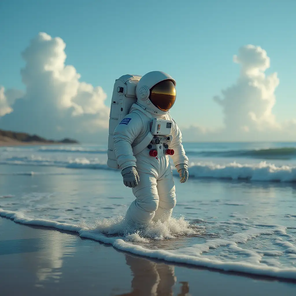 An astronaut lands their ship on the shore of an ocean