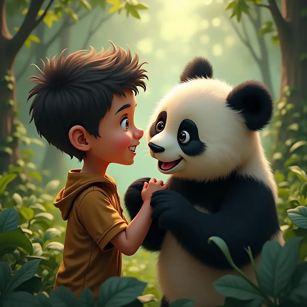 A young boy and a panda form a friendship in the jungle