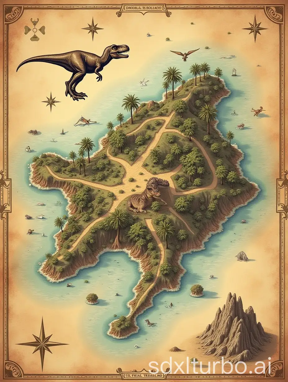 antique map of dinosaur island, t-rex, mainland, treasure hunt