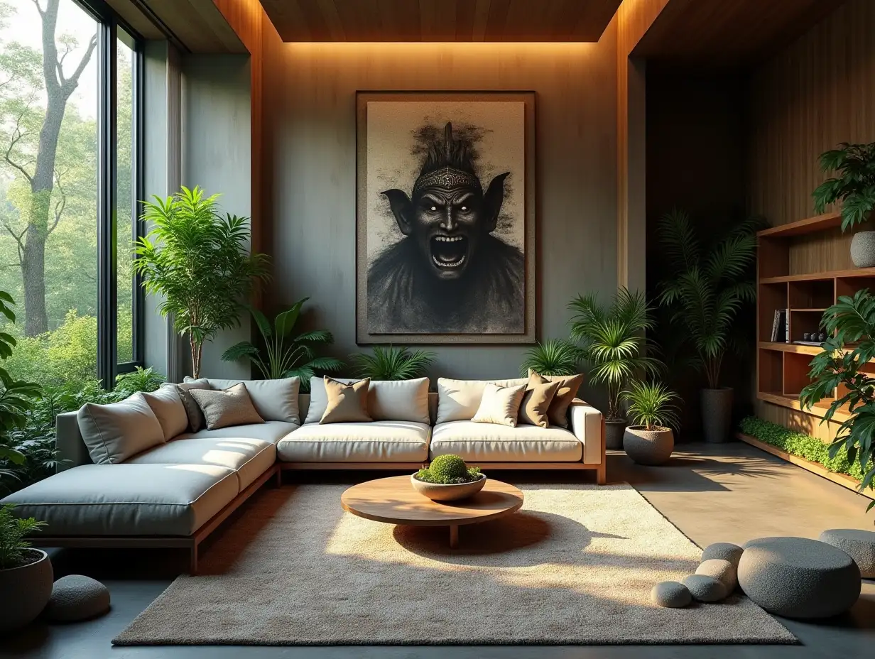 Large modern living room lighting with furniture very many plants with DEMON SLAYER IMAGE on the wall Zen garden with carefully tended rocks, a meditative 180 degree shot 8K resolution