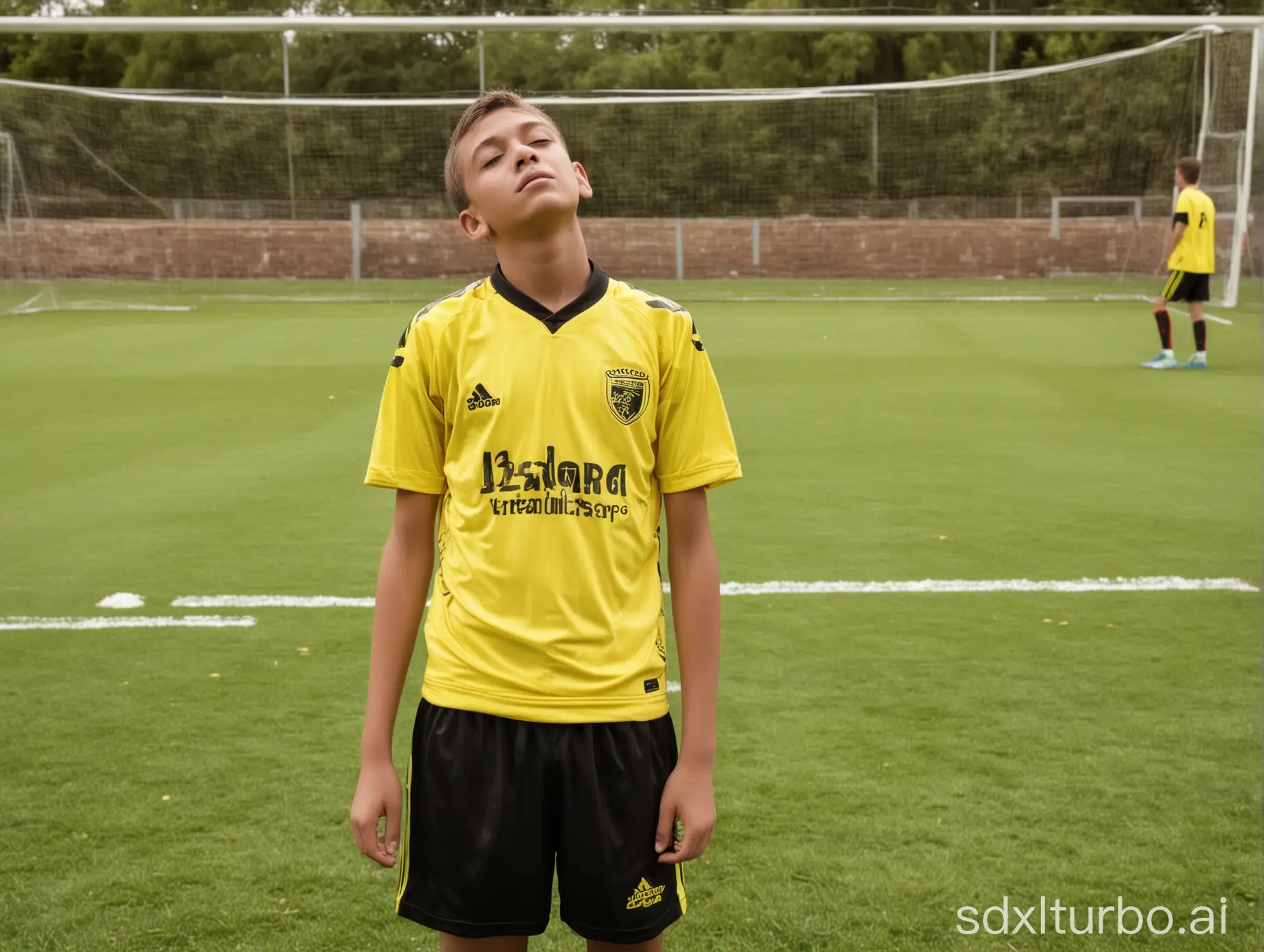 13 year old boys wearing black and yellow football shirts and shorts asleep standing eyes closed standing on football pitch
