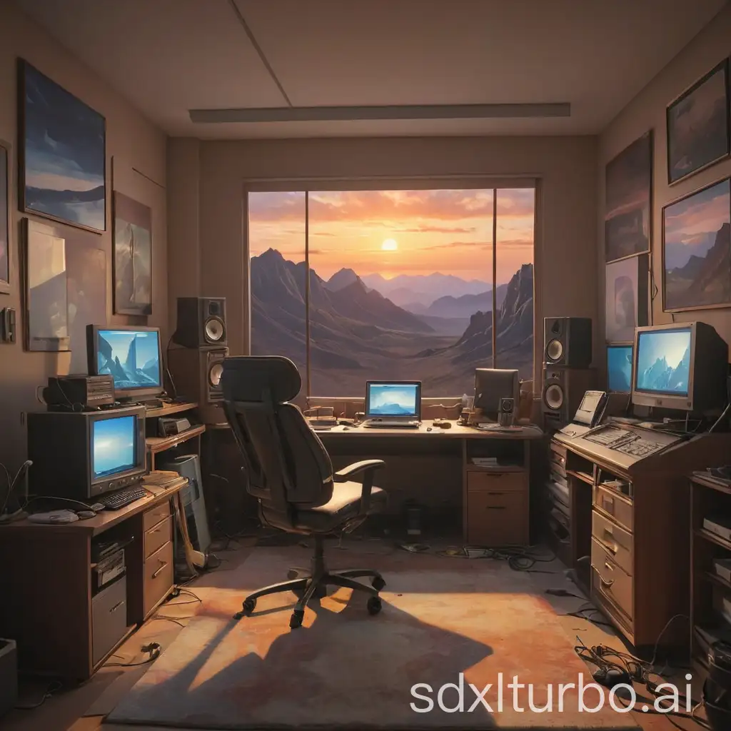 Futuristic-Office-with-Untidy-Desk-Synthesizers-and-Sunset-Projection