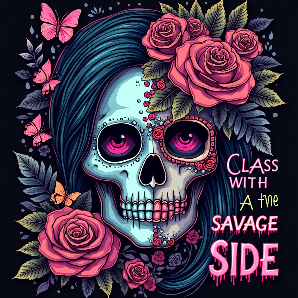 Oil painting ART, Simple lines. Create a vibrant, gothic-themed featuring a female skull with one half transformed into a beautiful woman. The skull side should be adorned with butterflies and skulls, while the woman side should be surrounded by roses and other flowers. The text 'CLASS WITH A SAVAGE SIDE' should be prominently displayed in bold neon, contrasting fonts, with a playful, handwritten style. The overall style should be edgy and rebellious, with a touch of dark beauty.