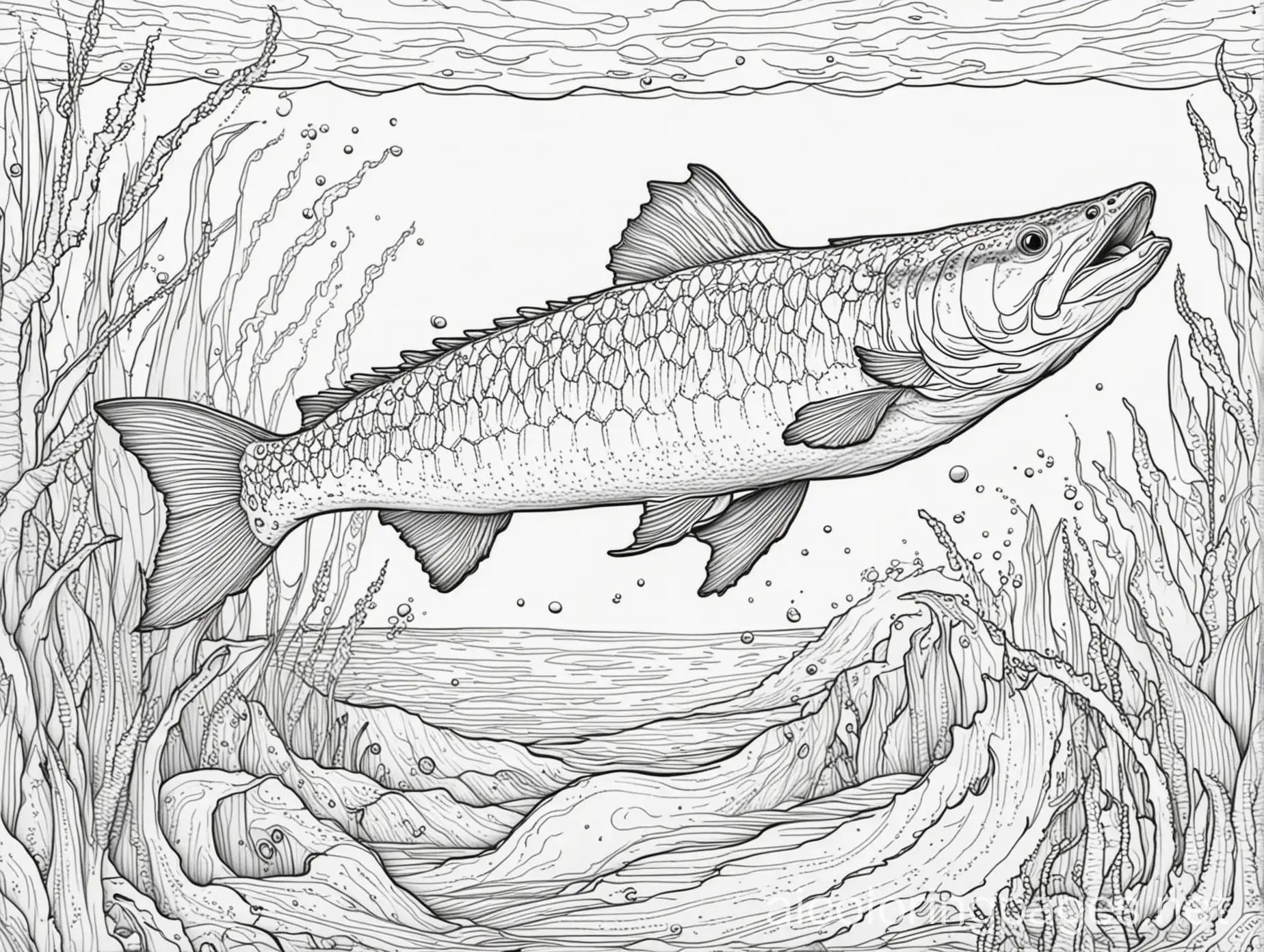 Black-and-White-Coloring-Page-of-a-Jumping-Pike