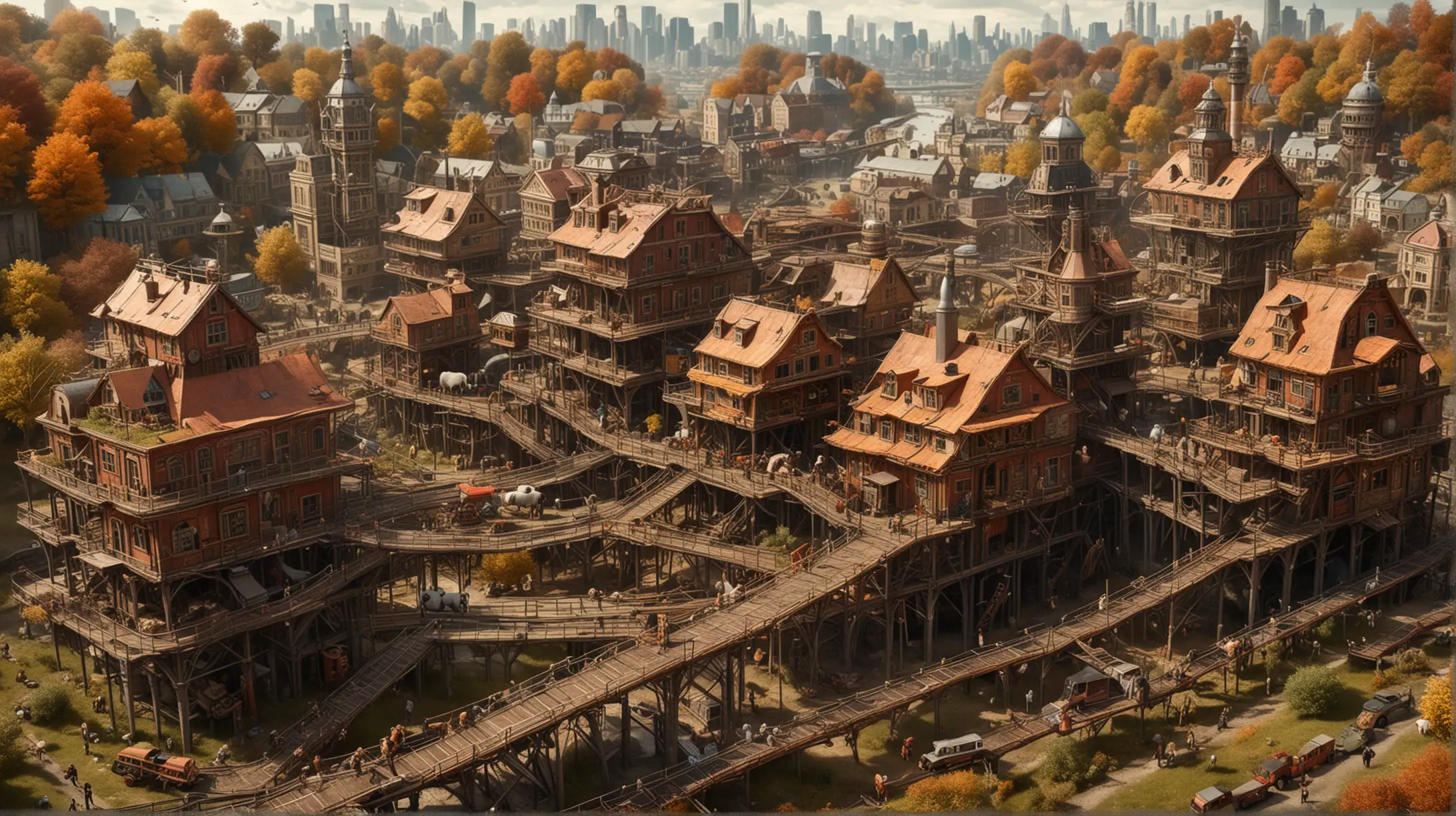 Steampunk City with Three Decks and Caterpillar Tracks in Autumn Wilderness