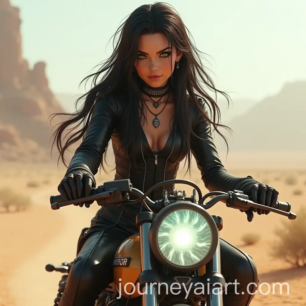 Cyberpunk-Gypsy-Female-Riding-Sports-Bike-in-Desert-Wilderness
